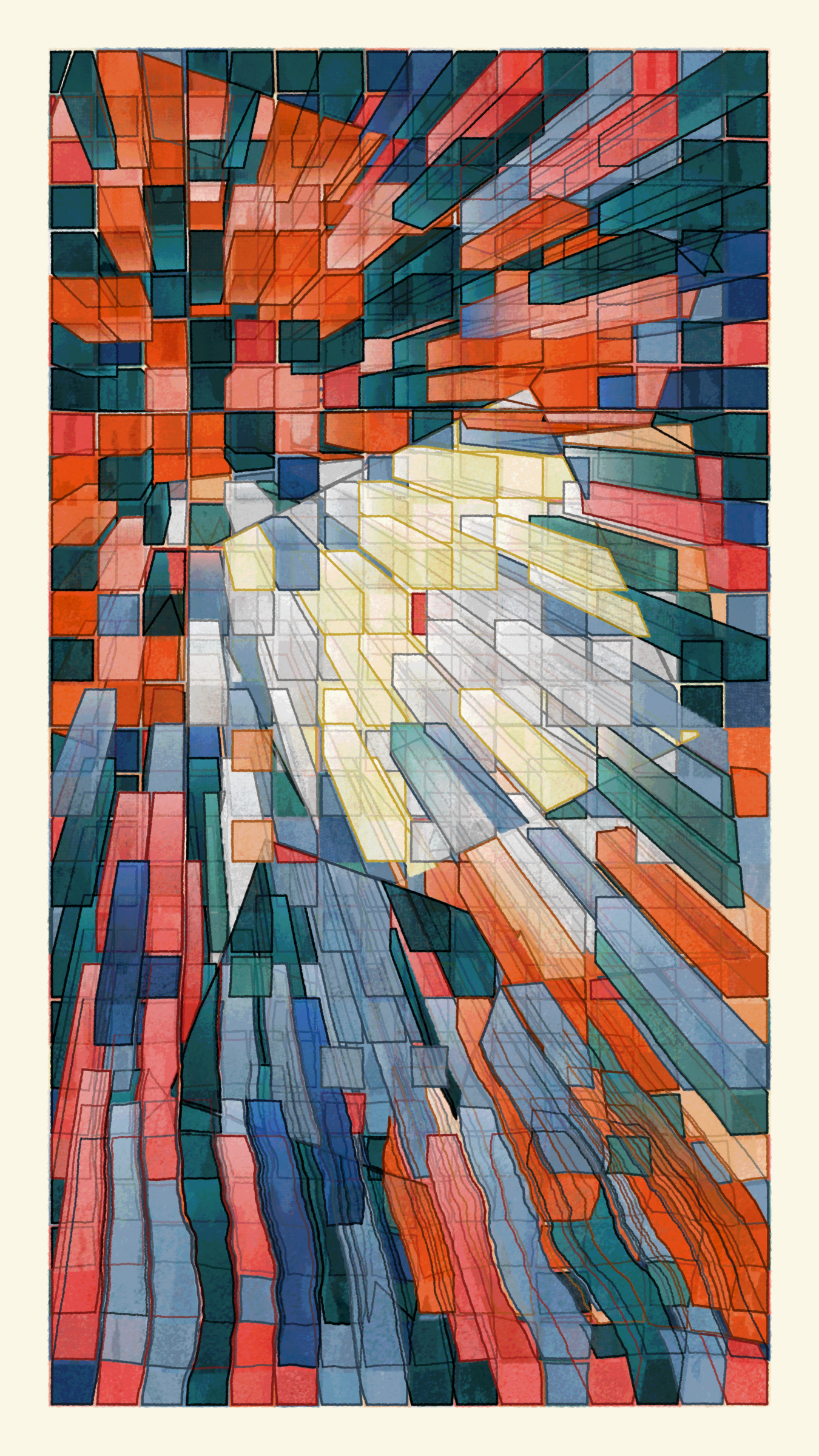 Parnassus #0: a tall mosaic of orange, teal, blue and cream tiles converging on a pale burst of light